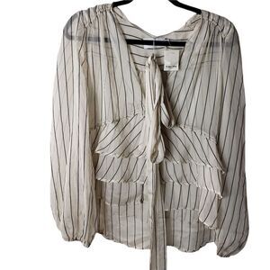 Line & Dot Sheer Layered Look Long Sleeve Blouse with Neck Tie